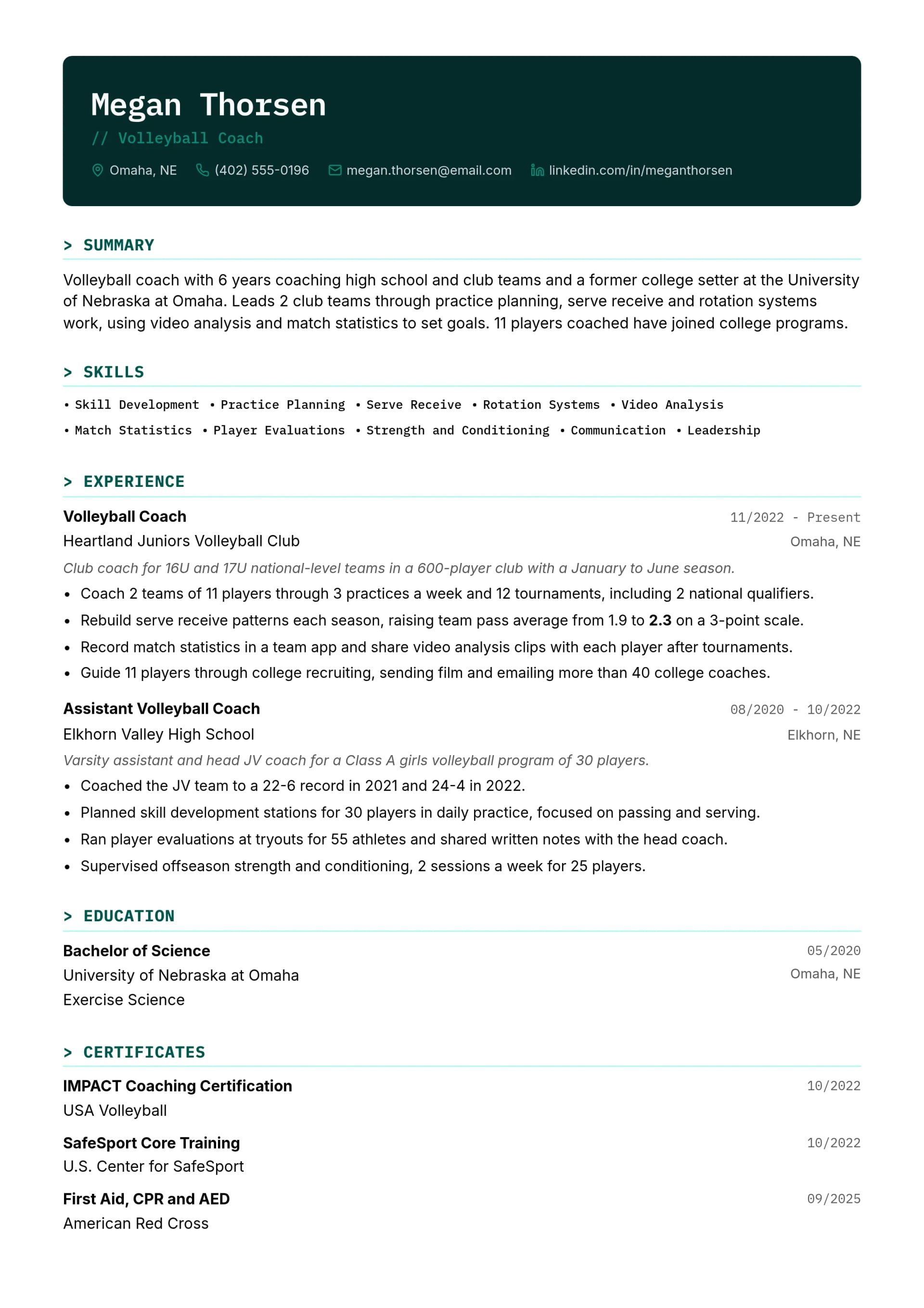 Volleyball Coach resume example