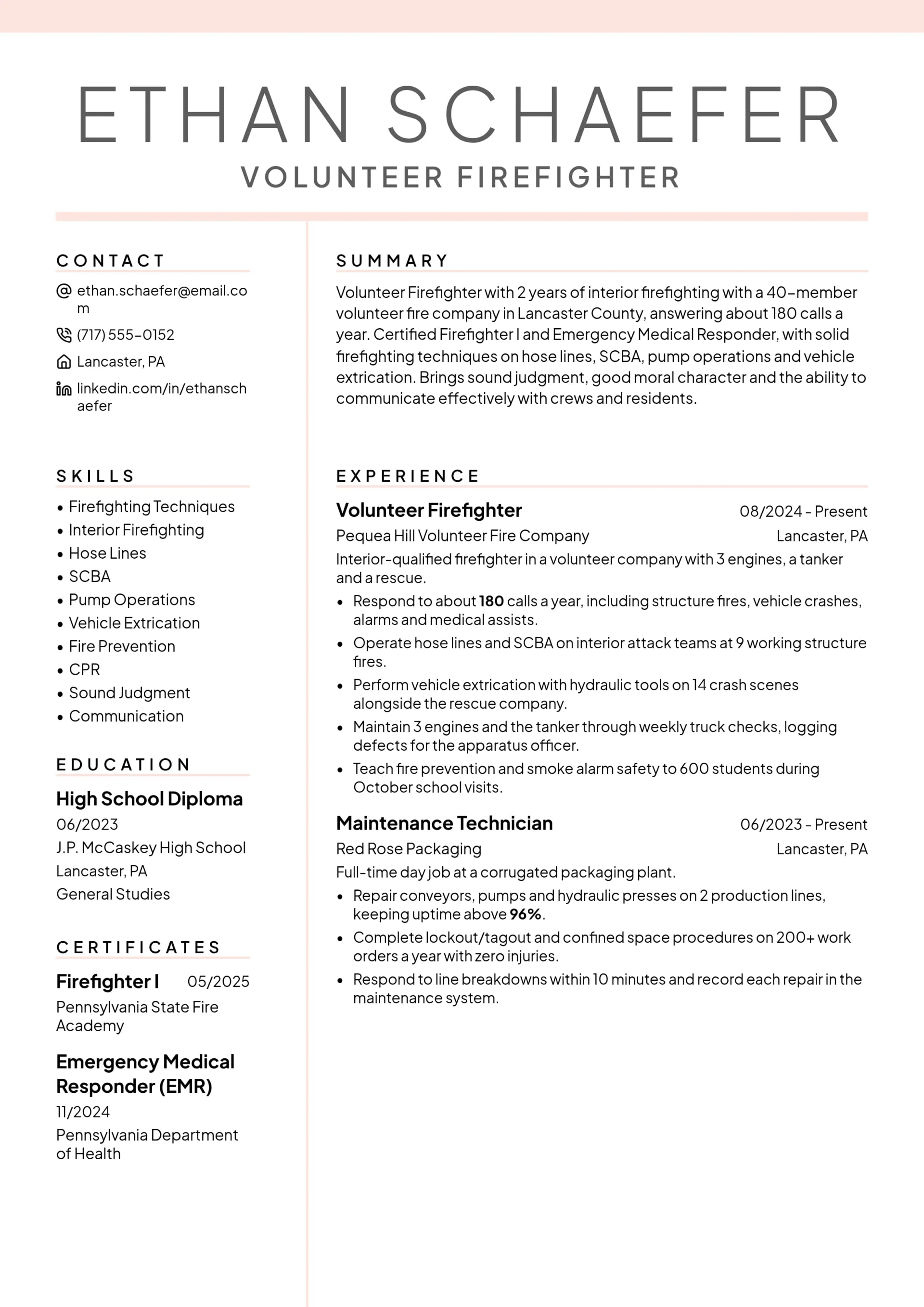 Volunteer Firefighter resume example