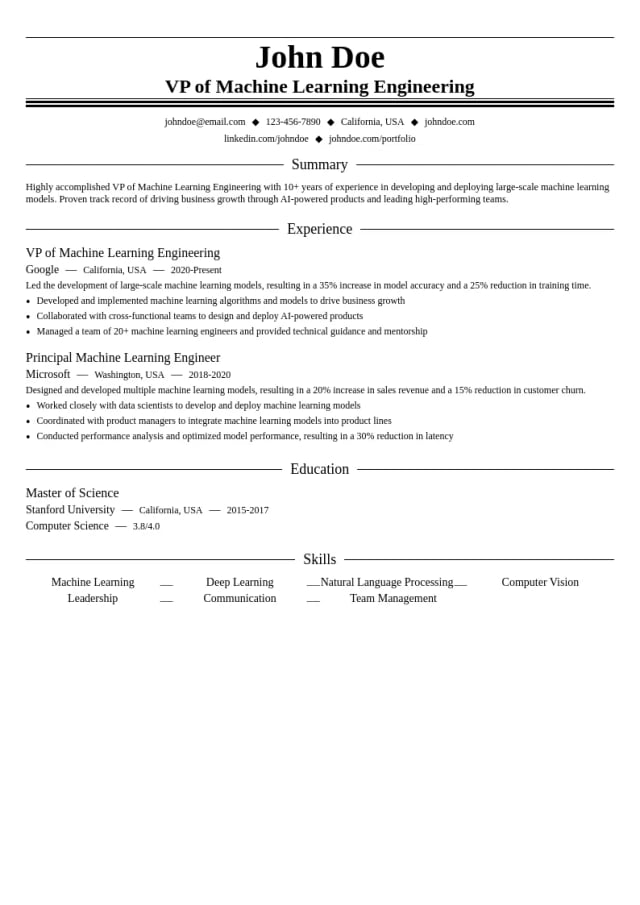 VP of Machine Learning Engineering resume example