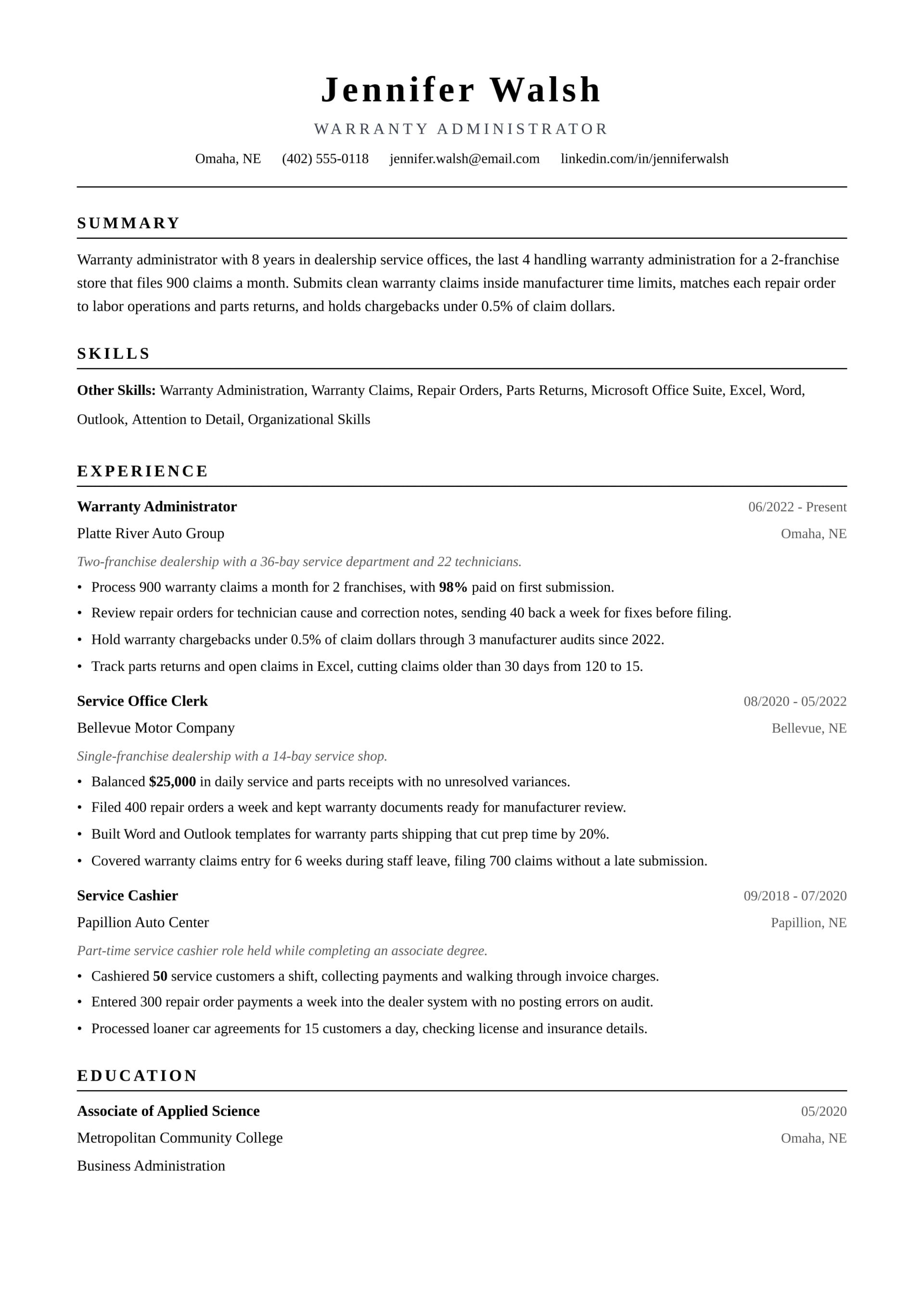 Warranty Administrator resume example