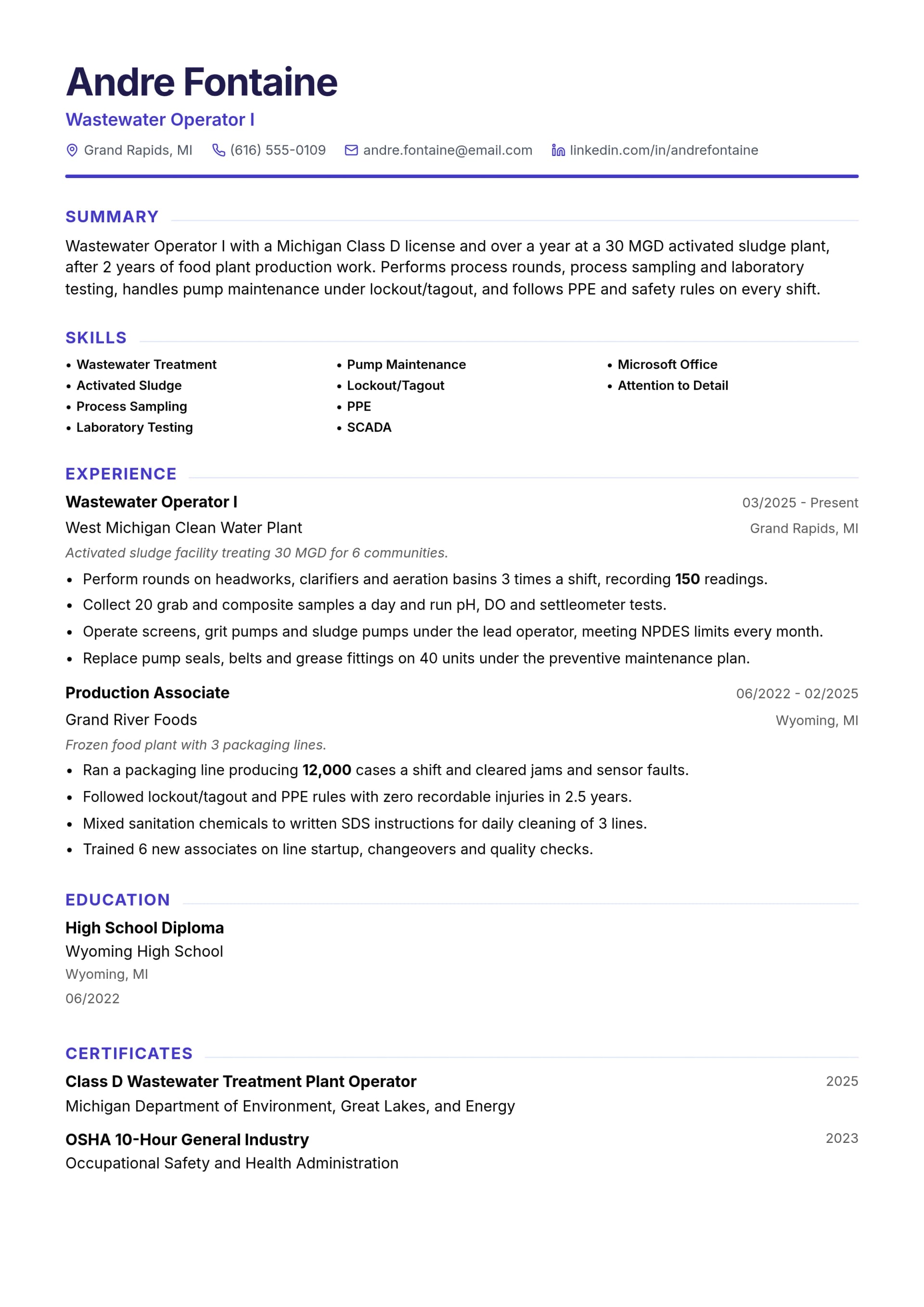 Wastewater Operator I resume example
