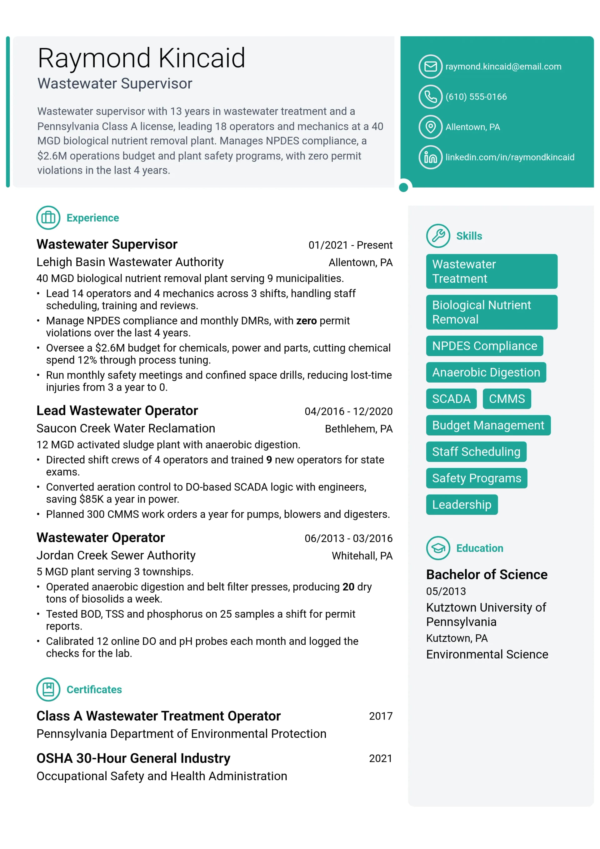 Wastewater Supervisor resume example