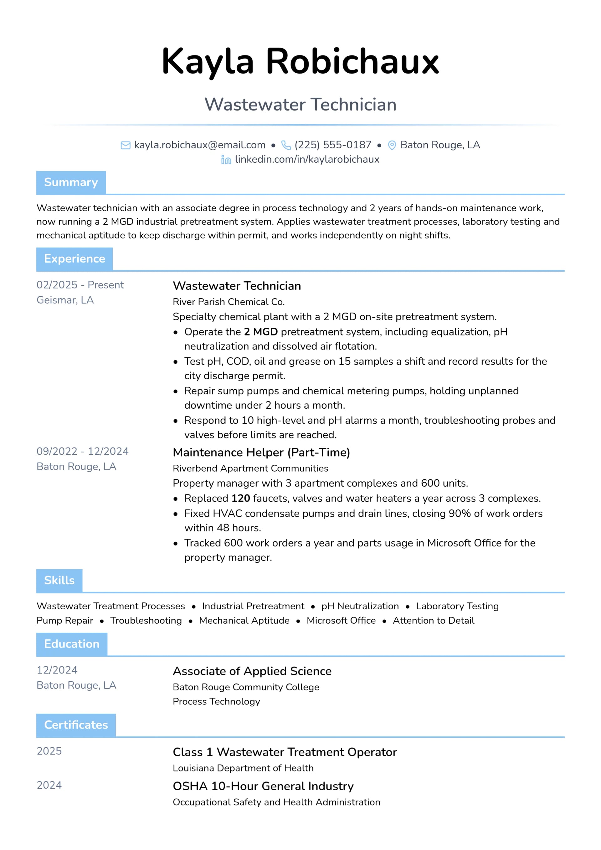 Wastewater Technician resume example