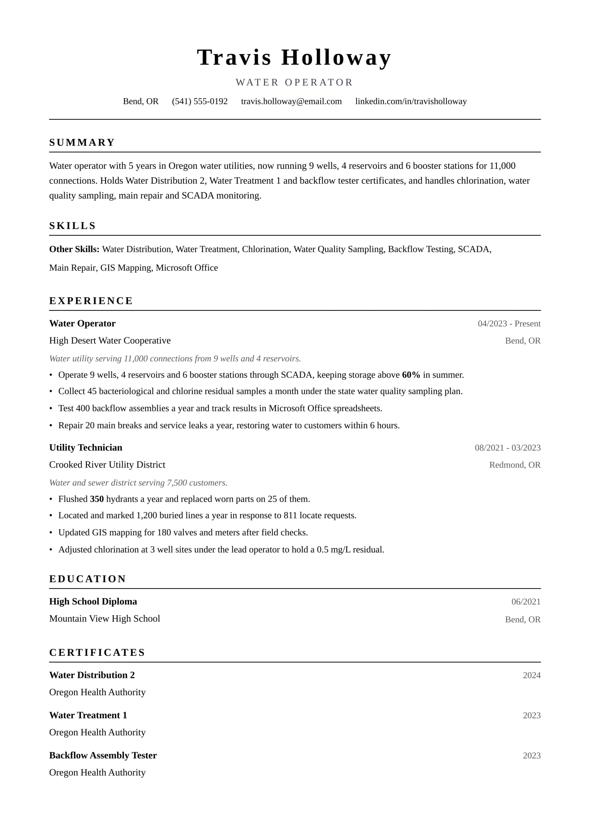 Water Operator resume example