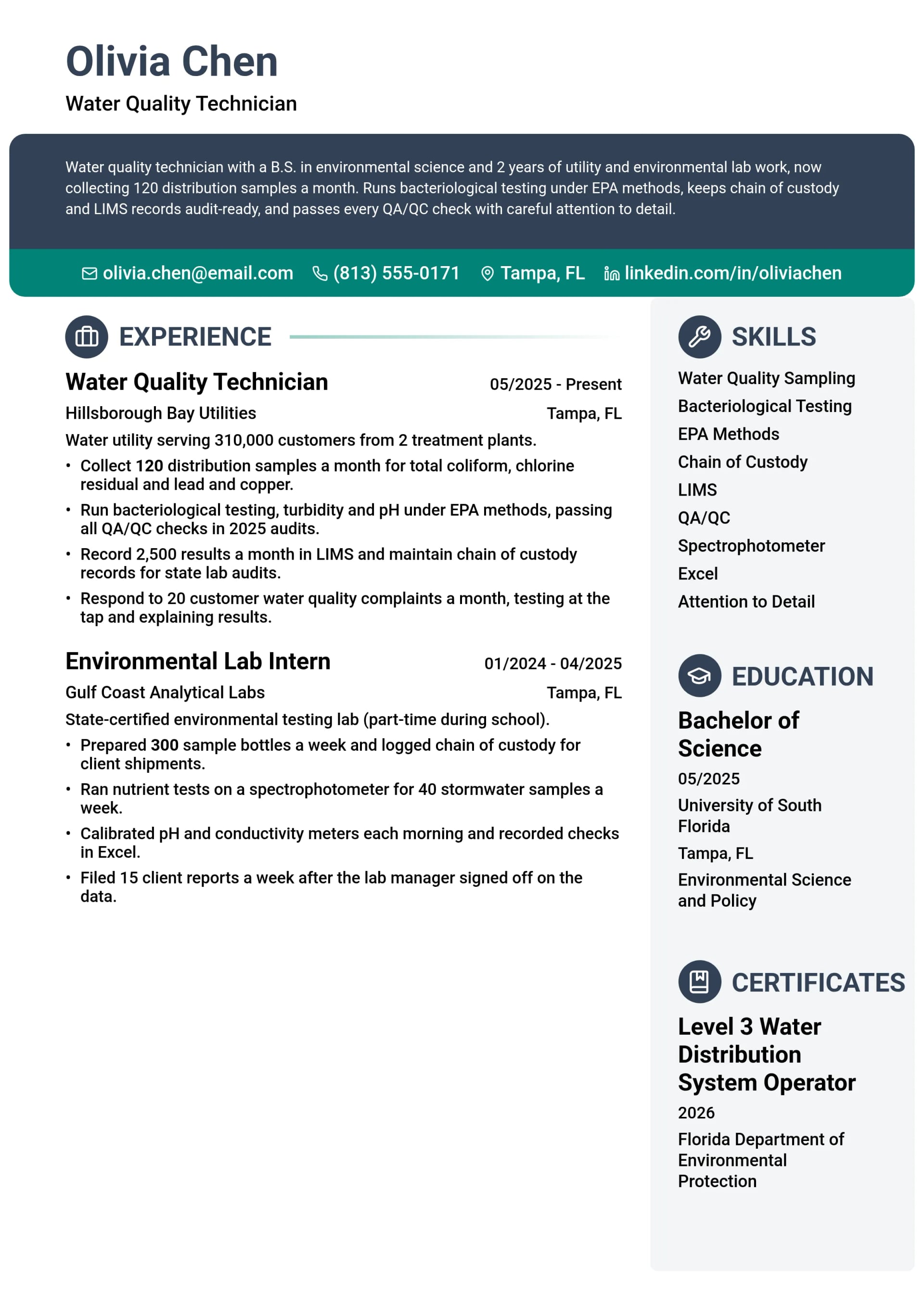 Water Quality Technician resume example