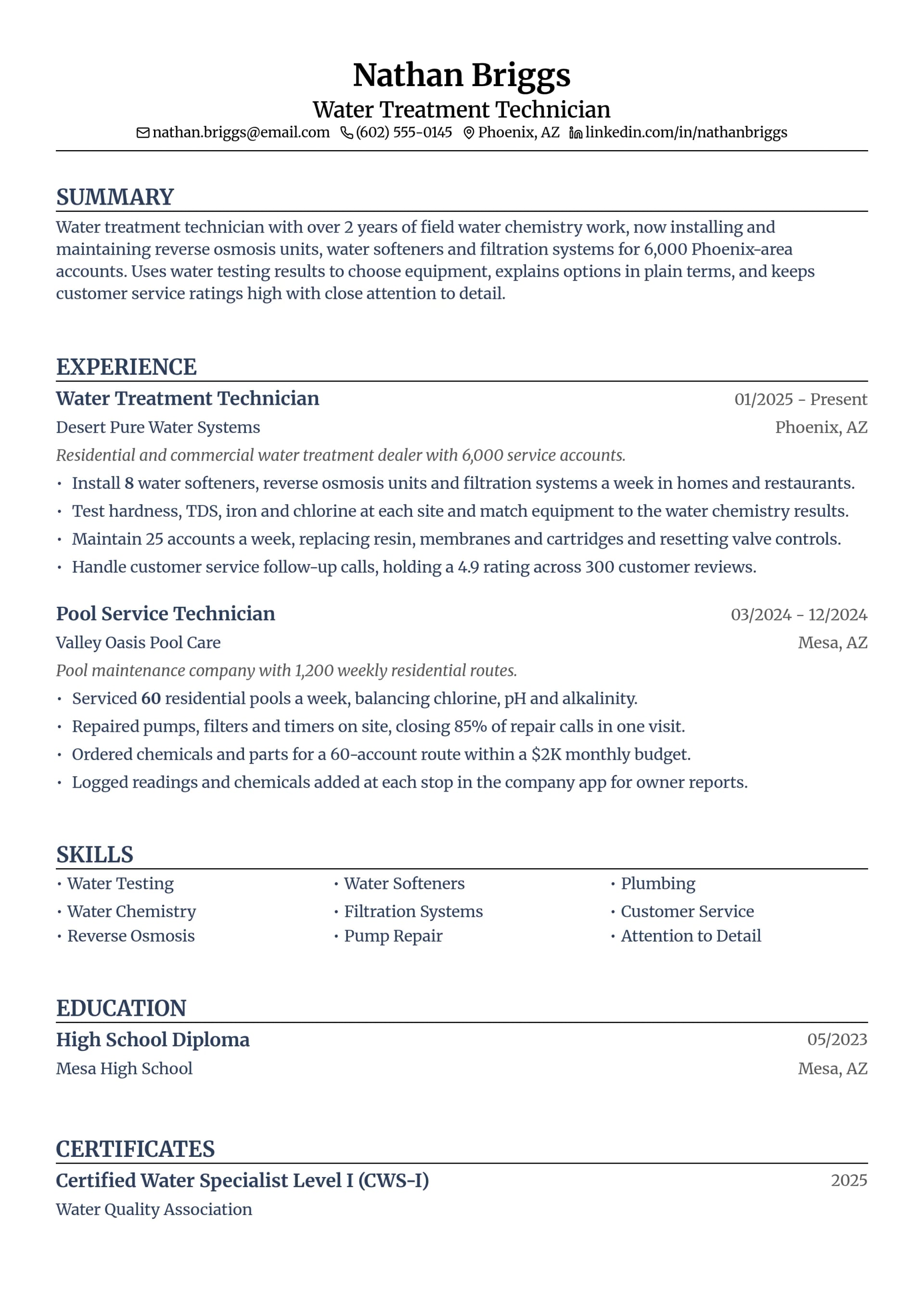 Water Treatment Technician resume example