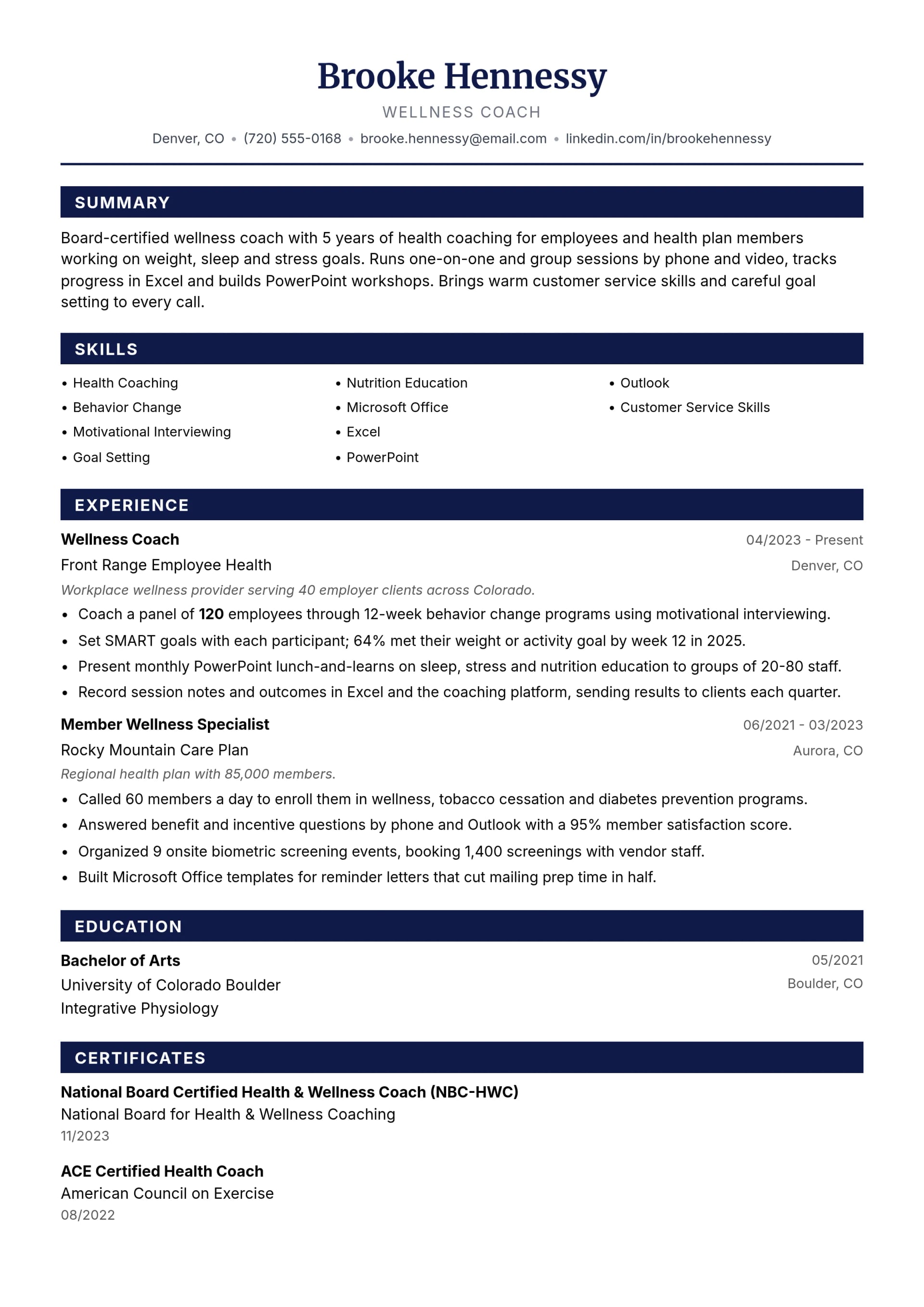 Wellness Coach resume example