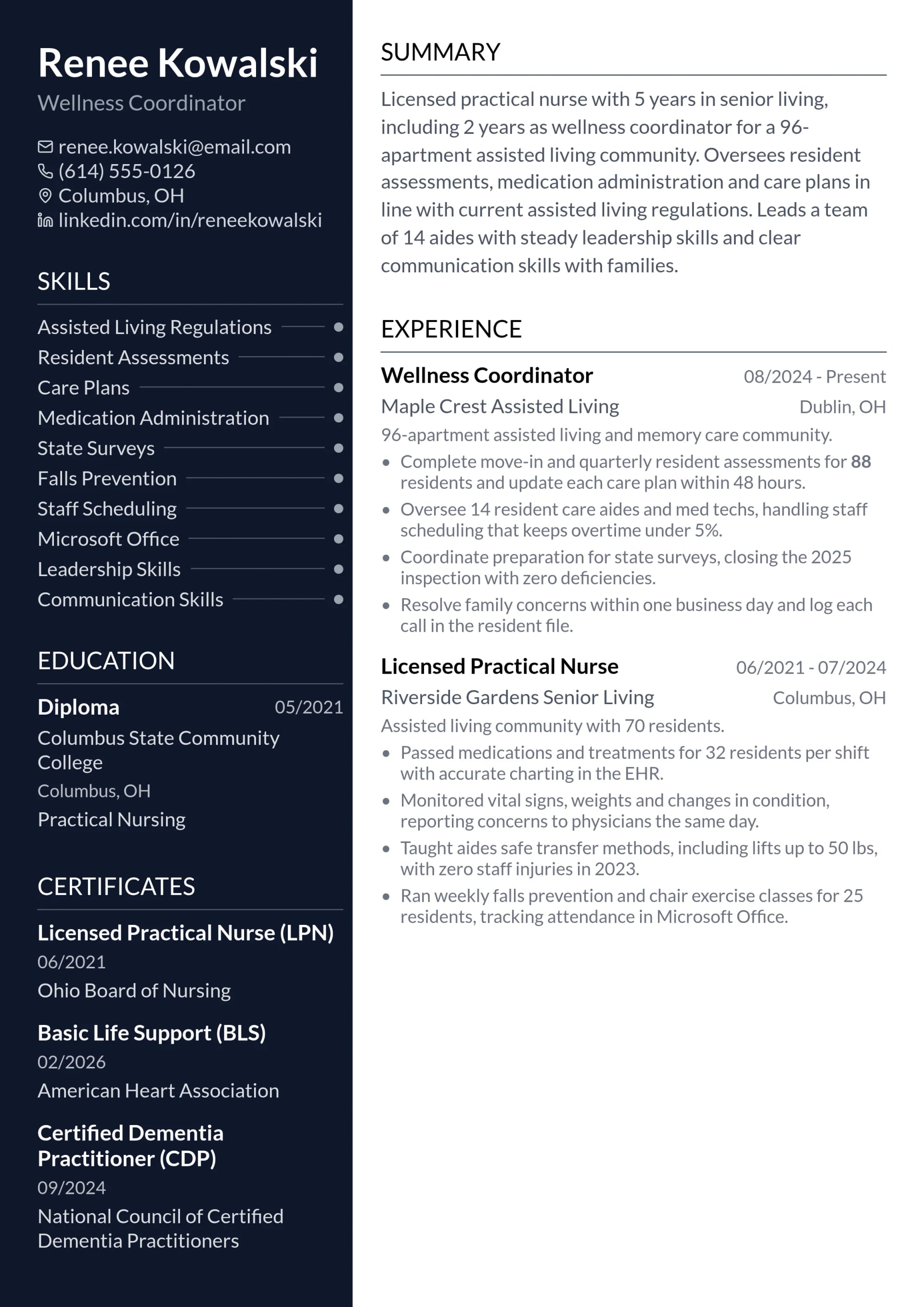 Wellness Coordinator resume example