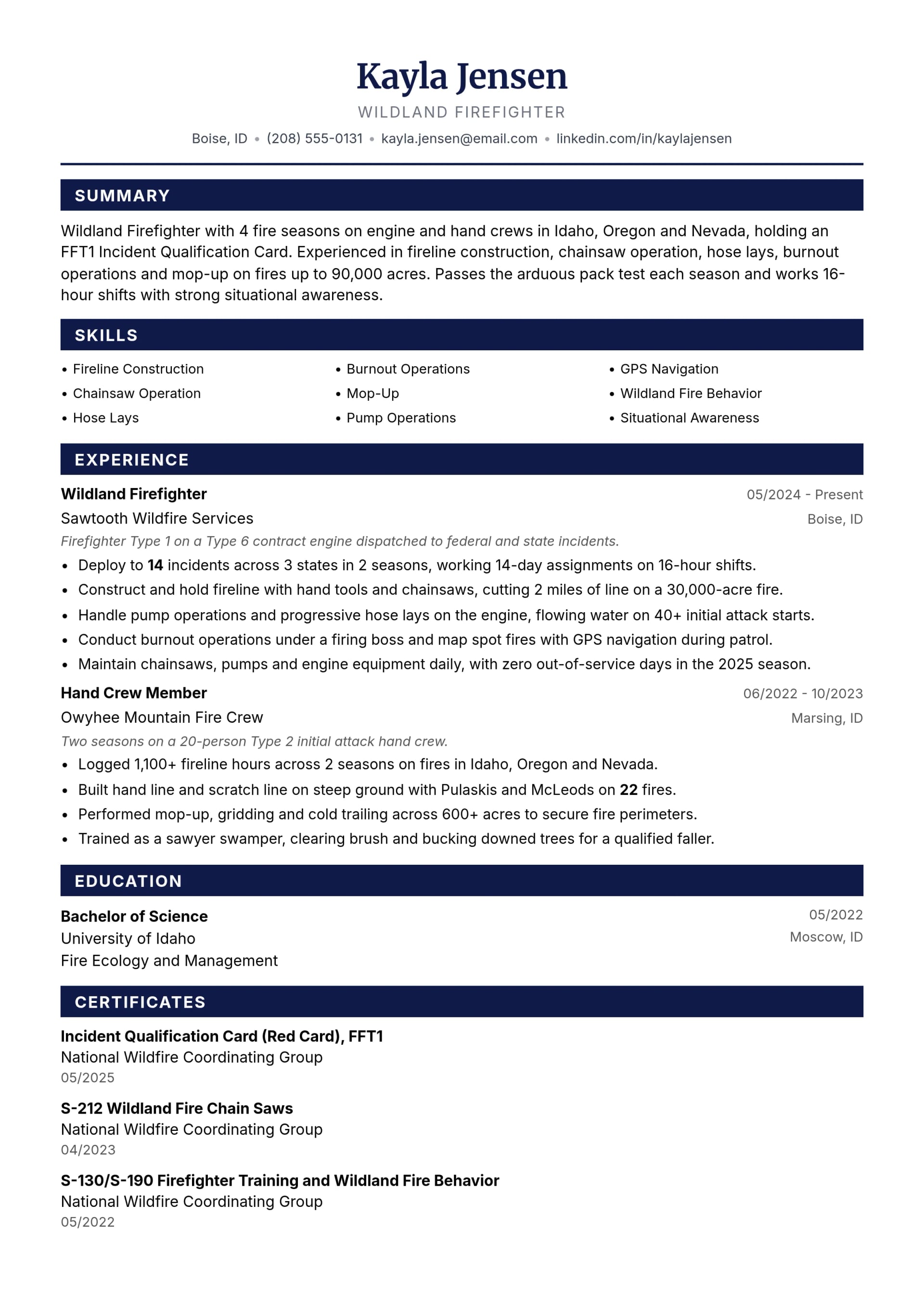 Wildland Firefighter resume example
