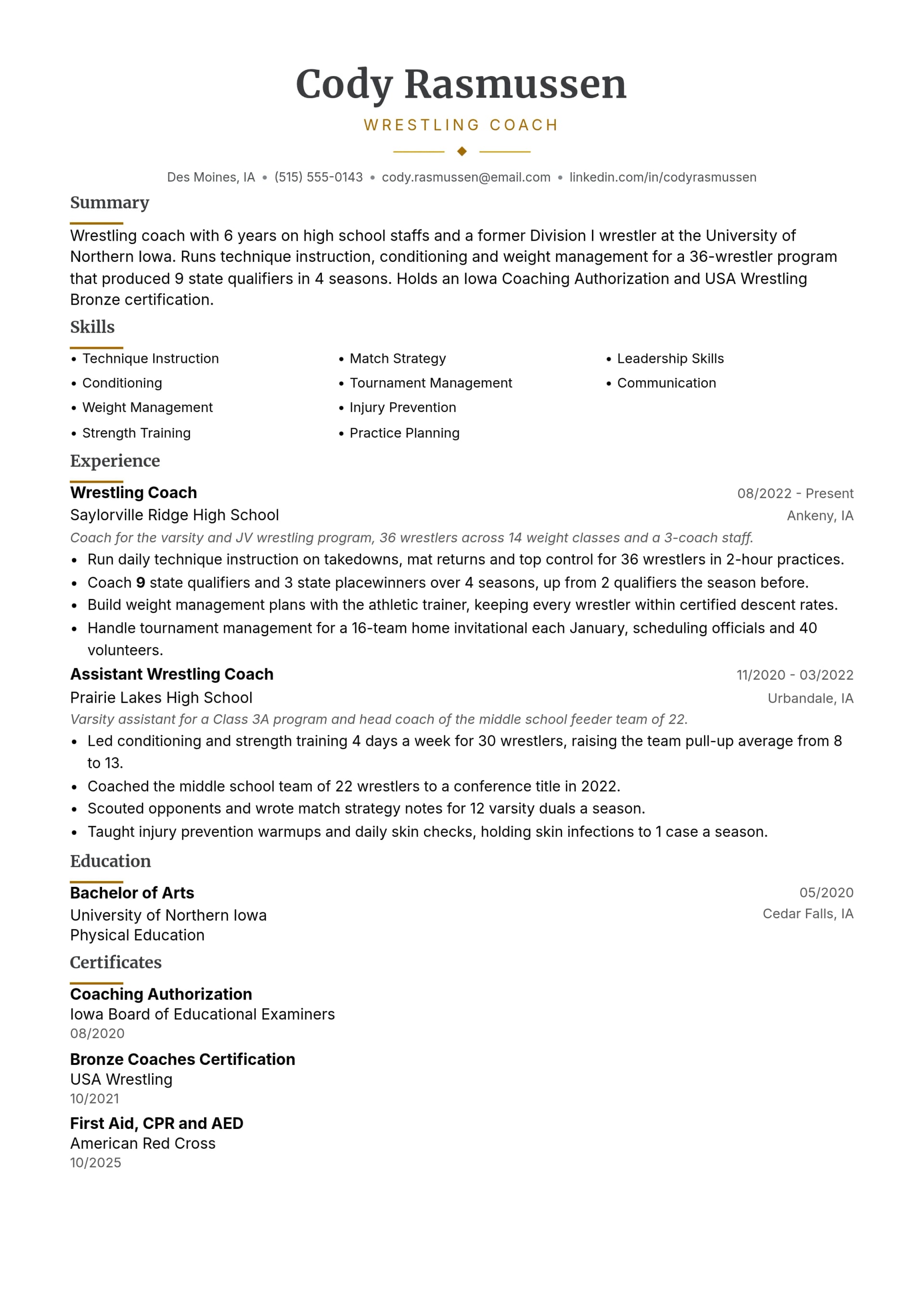 Wrestling Coach resume example