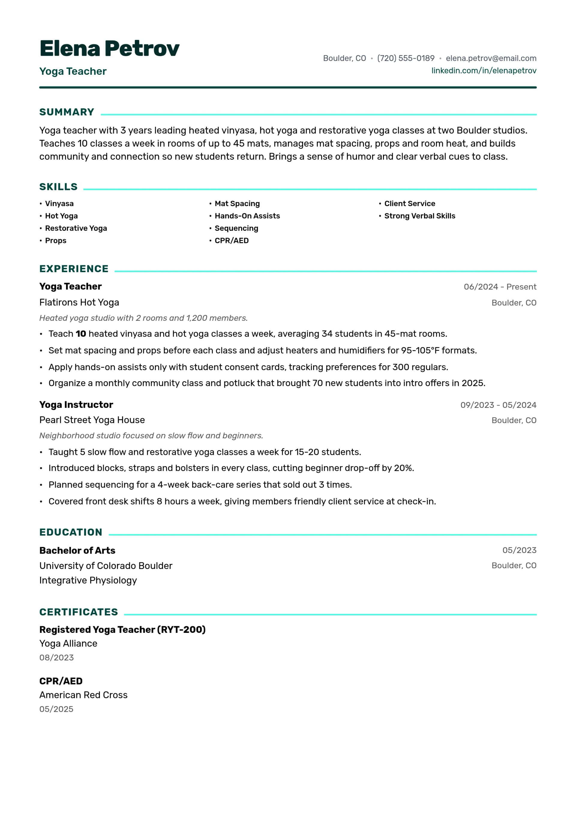 Yoga Teacher resume example