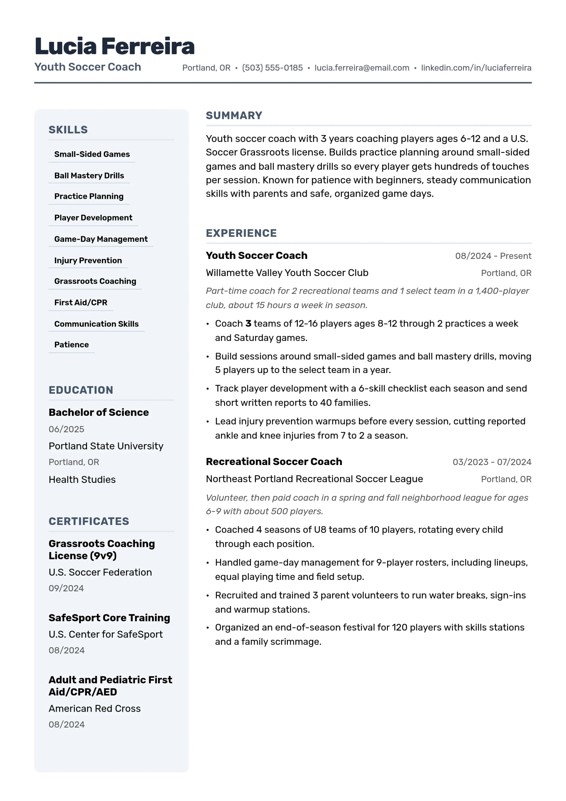 Youth Soccer Coach resume example
